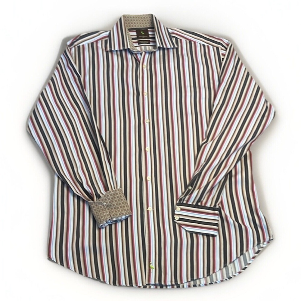 Men’s Tailorbyrd sz L Colourful Striped Button Down Brown Blue Pink